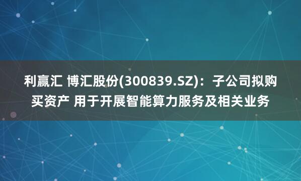 利赢汇 博汇股份(300839.SZ)：子公司拟购买资产 用于开展智能算力服务及相关业务